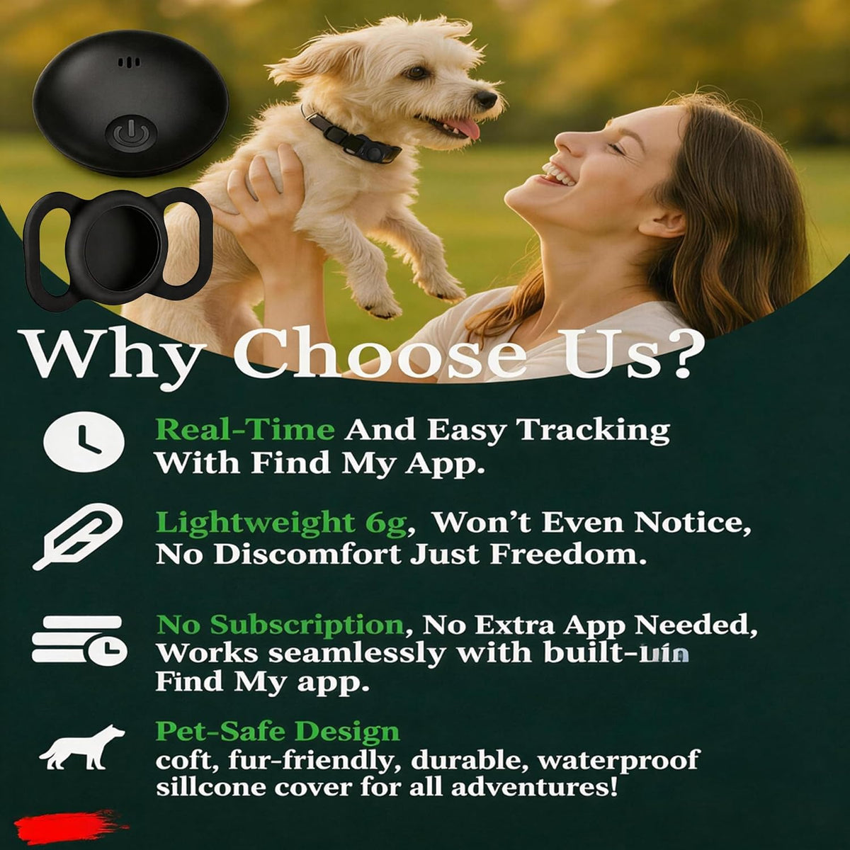 GPS Tracker for Dogs, Smart Collar with Real-Time Location - Pet Location Tracker with Holder, No Monthly Fee/No SIM Card, Works with iOS Find My【Apple MFi Certified】 ﻿, Ultra-Slim, IP68 Waterproof
