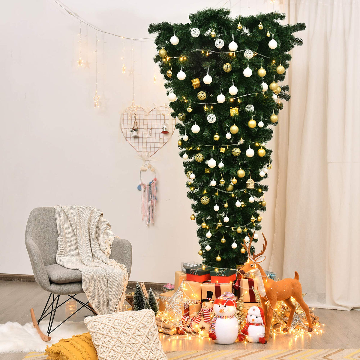 DORTALA Pre-Lit Upside Down Christmas Tree, 7.5 FT Snow Artificial Inverted Xmas Tree with 1100 Branch Tips, 400 Warm LED Lights, 8 Lighting Modes, Foldable Metal Stand, Green