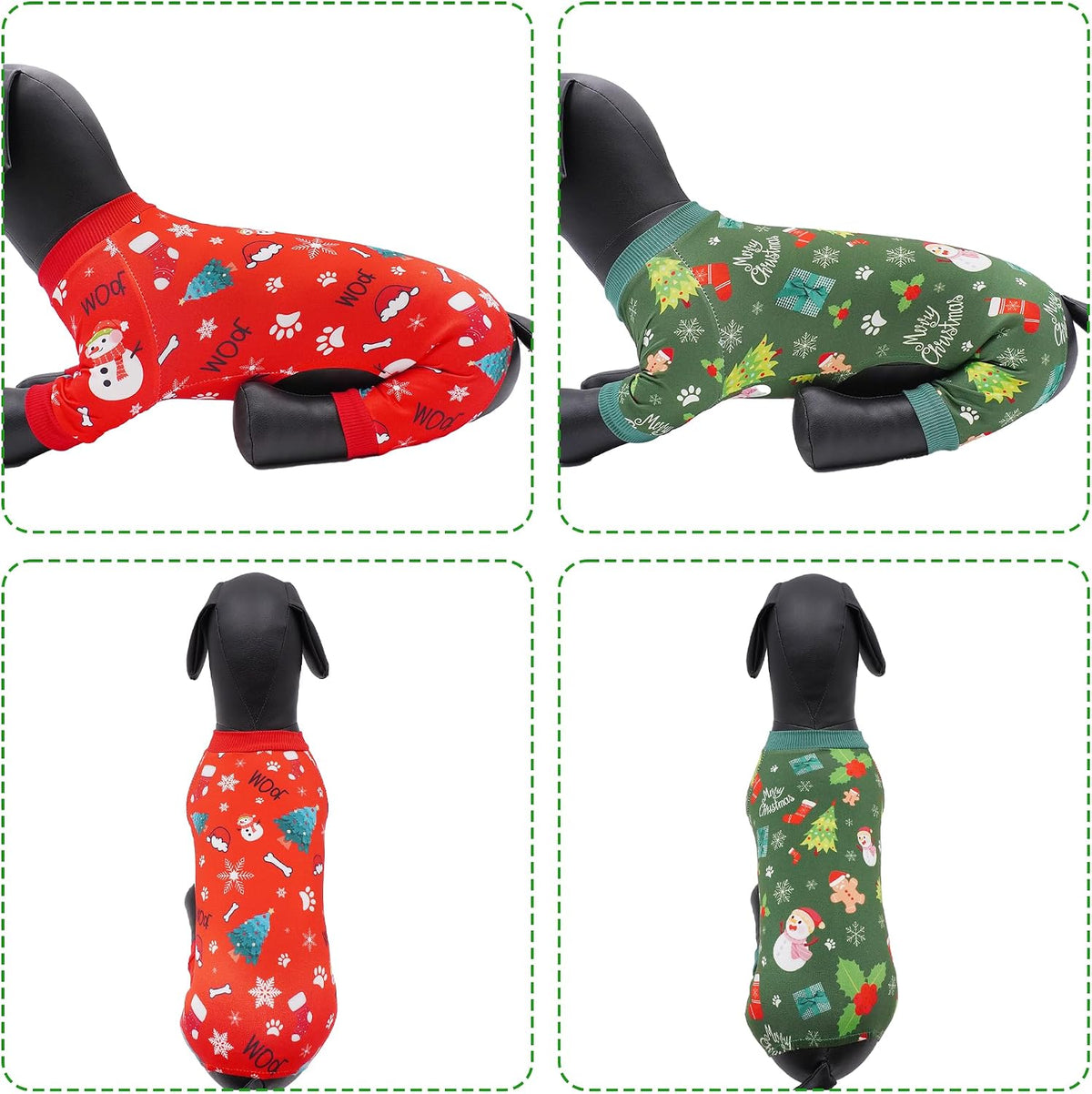 2PCS/Pack Christmas Dog Pajamas XXXL for Large Dogs Pjs Pet Jammies Boy Girl Male Female Red Green Onesies Snowman Christmas Tree Xmas Stocking Breathable Stretchy XXXL