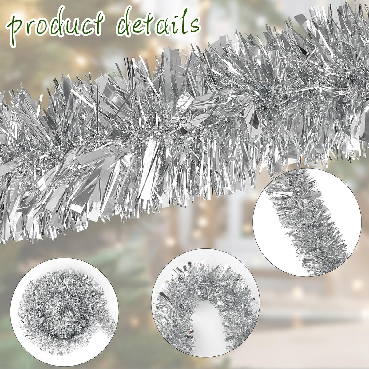 DECORA 33 Feet Silver Tinsel Garland, Christmas Metallic Hanging Tinsel Garland for Xmas Tree Home and Party Decoration