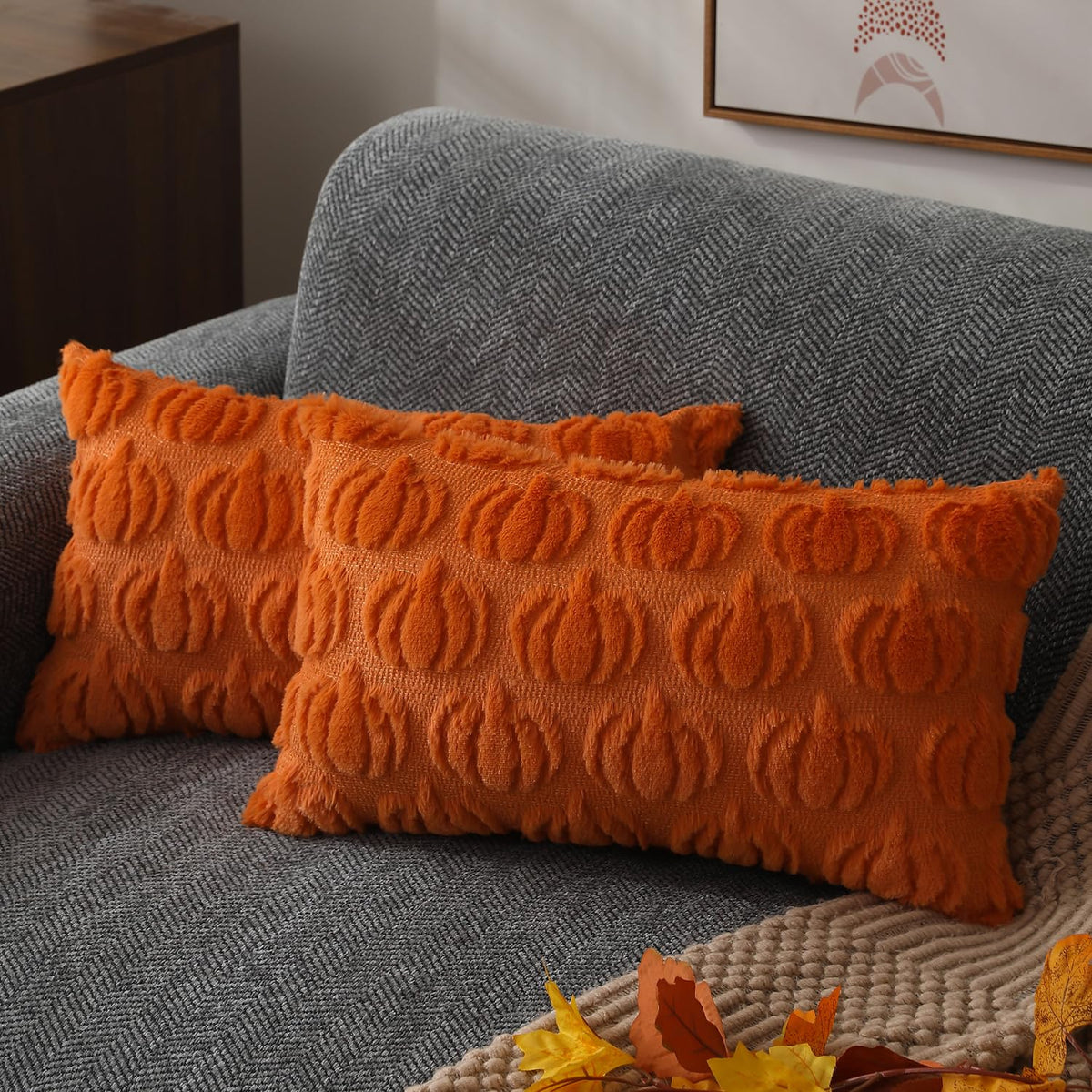 DFXSZ Fall Pillow Covers 18x18 2Pcs Rust Pumpkin Fall Decorations for Home | Fall decor Set of 2 Throw Pillow Cases Soft Plush Faux Fur Wool Couch Cushion for Chair Sofa Bedroom Living Room Home Decor