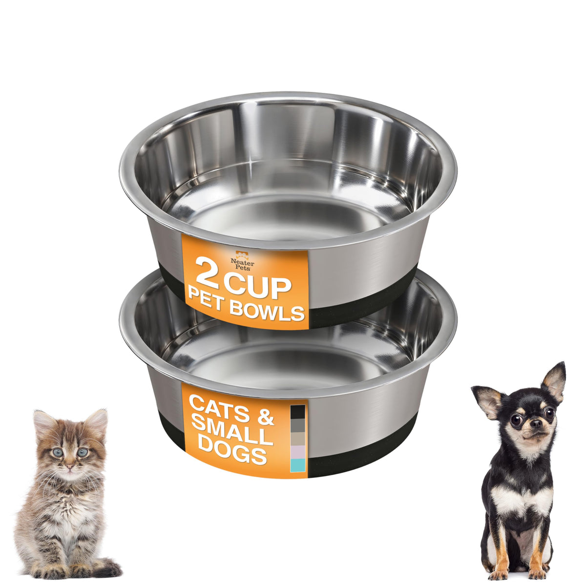 Neater Pet Brands Stainless Steel Dog Bowls with Non-Slip Rubber Bottom – Set of 2, 6 Cup (48 oz), Black - Heavy Duty Metal Dog Bowl, Dishwasher Safe, Food or Water Bowl, Ideal for Large Dogs