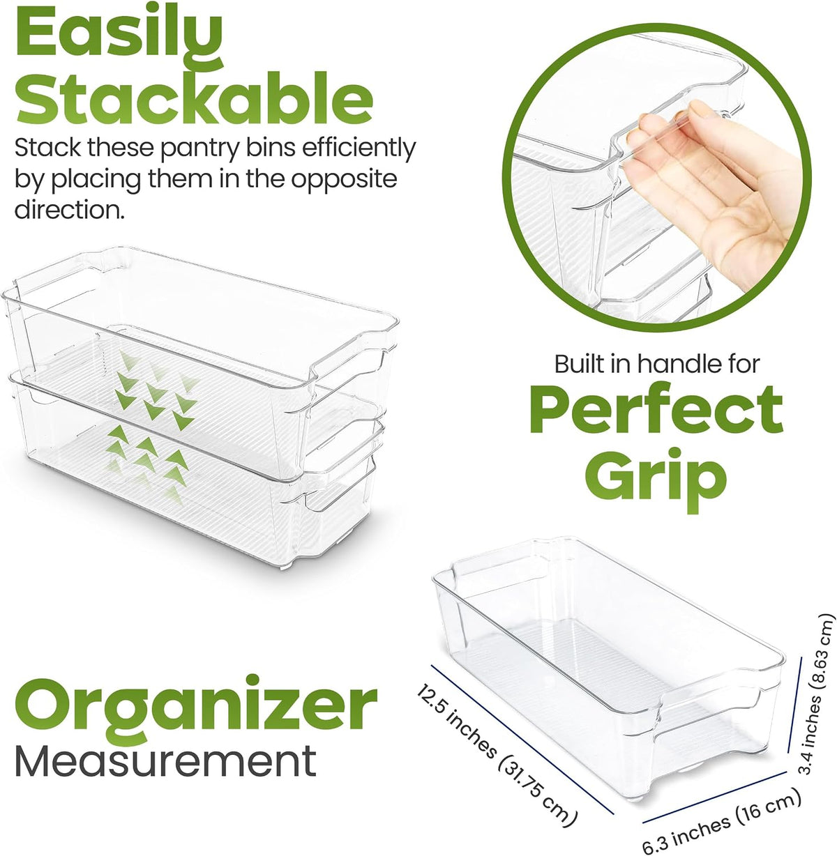 Utopia Home Plastic Stackable Storage Bins for Fridge, 8 Pack, Clear | Durable Plastic Storage Containers with Easy Grip Handles for Pantry, Kitchen Cabinets & Countertops