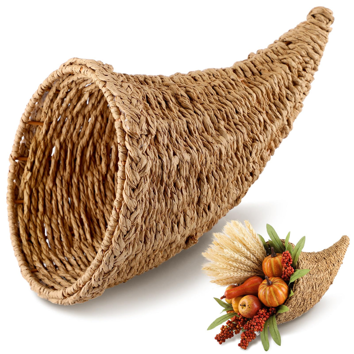 Dandat 1 Pcs Fall Cornucopia Basket Centerpiece 13.78 Inch, Imitation Vine