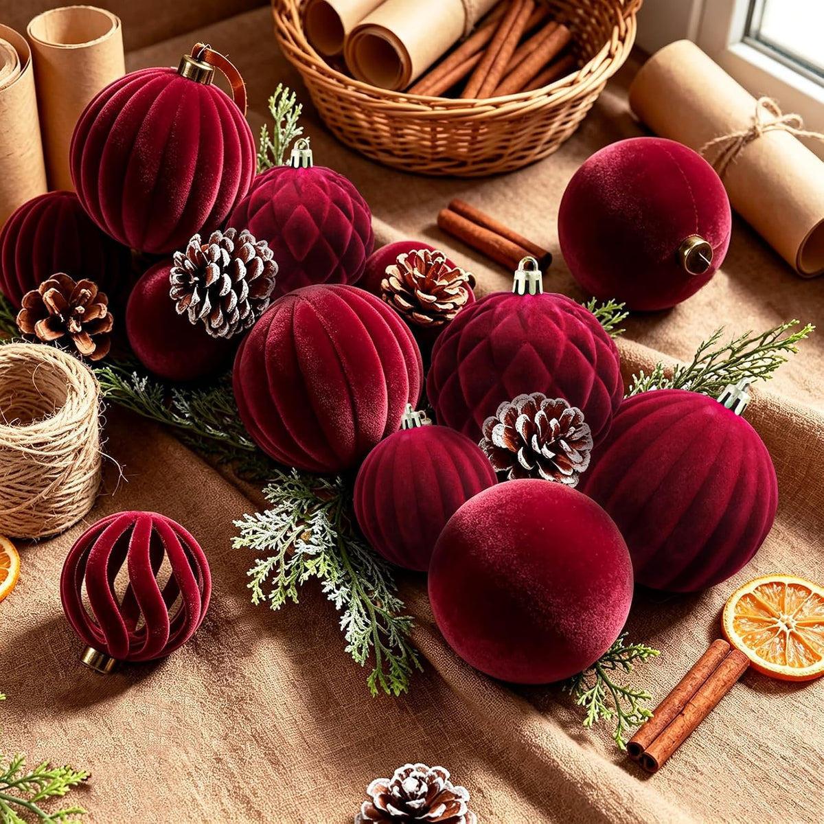 Thewe 40Pcs Velvet Shatterproof Christmas Ball Ornaments Set，Burgundy