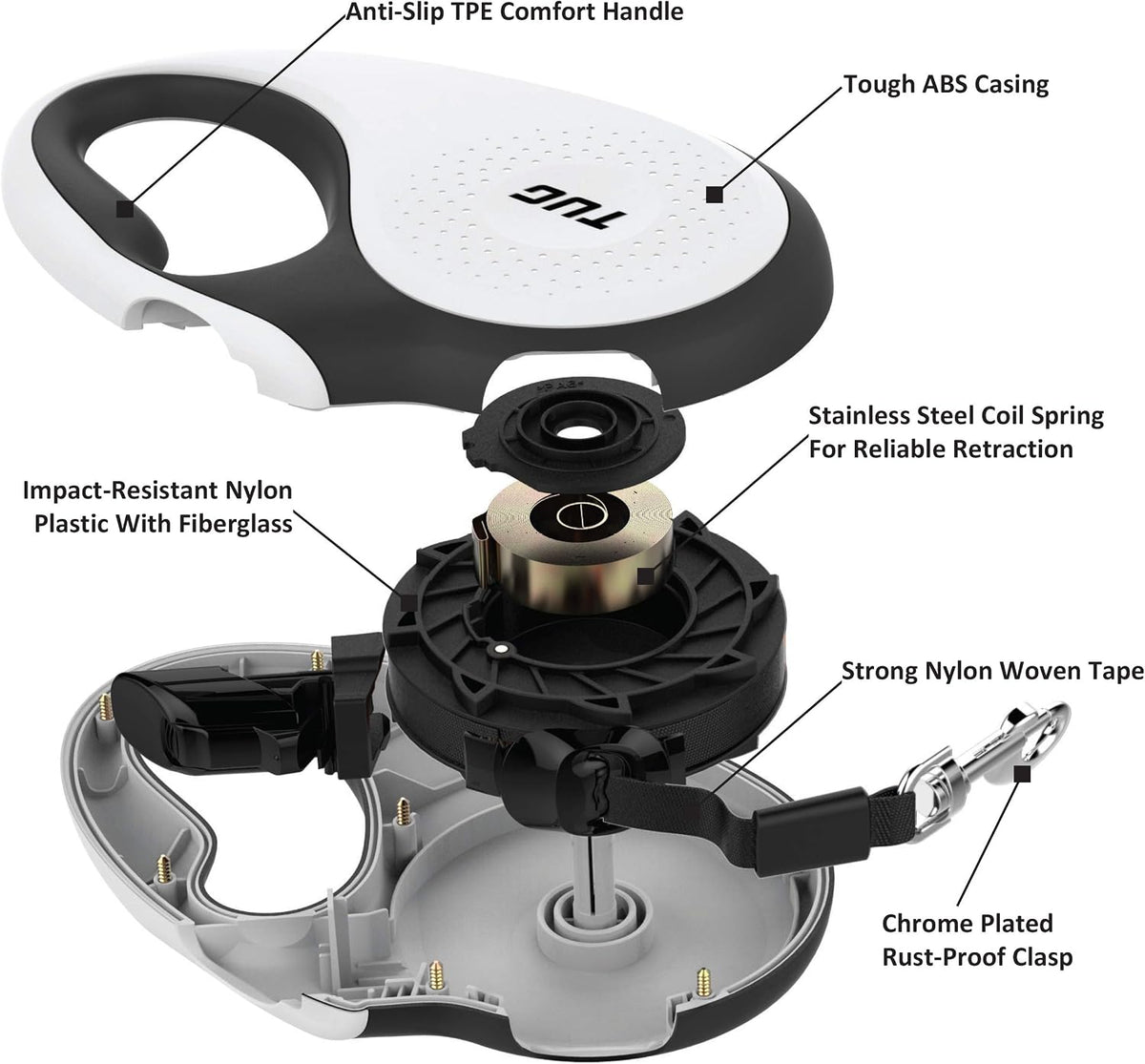 TUG 360° Tangle-Free Retractable Dog Leash | 16 ft Strong Nylon Tape | One-Handed Brake, Pause, Lock (Medium, White)