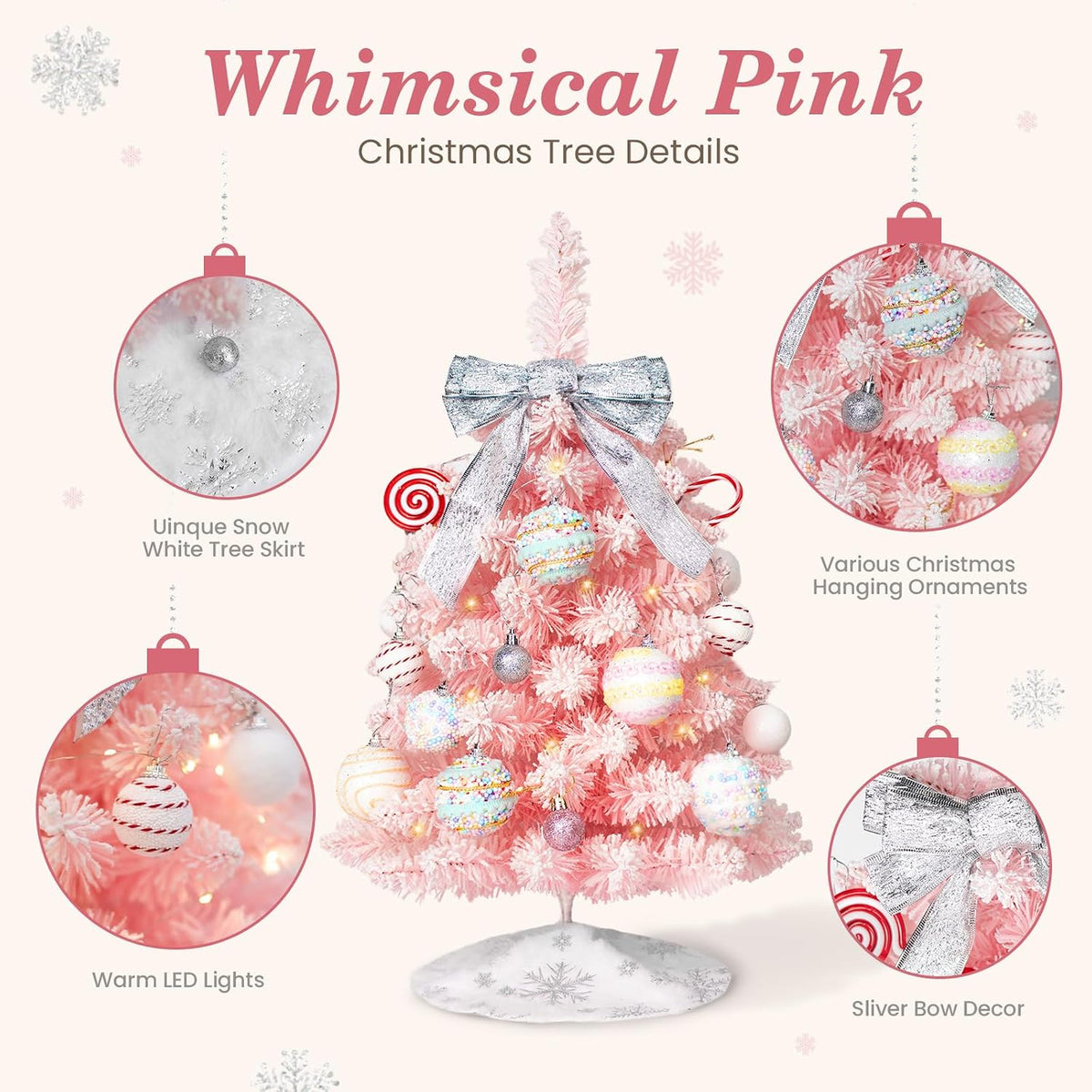 Mini Pink Christmas Tree with Lights, 2 Ft Small Table Top Christmas Tree