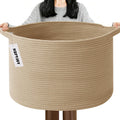 Large Woven Blanket Basket,65L Cotton Rope Laundry Basket Hamper with Handles, Decorative Nursery Basket Storage Bin for Toys, Clothes Organizer, Living Room, Bedroom, Bathroom, White & Brown