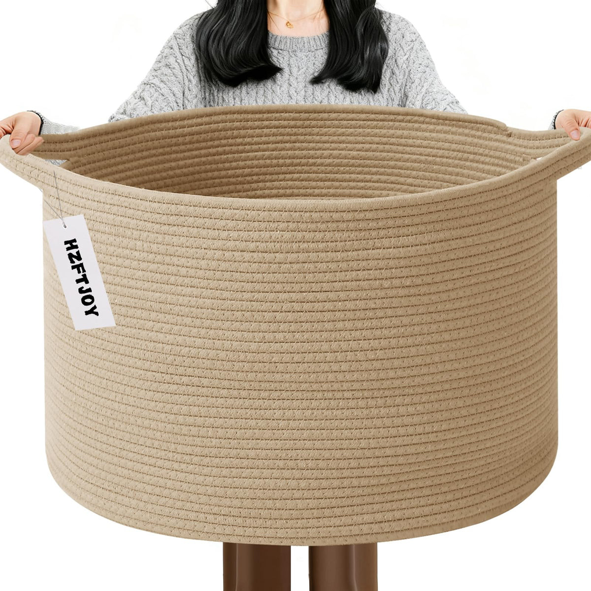 Large Woven Blanket Basket,65L Cotton Rope Laundry Basket Hamper with Handles, Decorative Nursery Basket Storage Bin for Toys, Clothes Organizer, Living Room, Bedroom, Bathroom, White & Brown