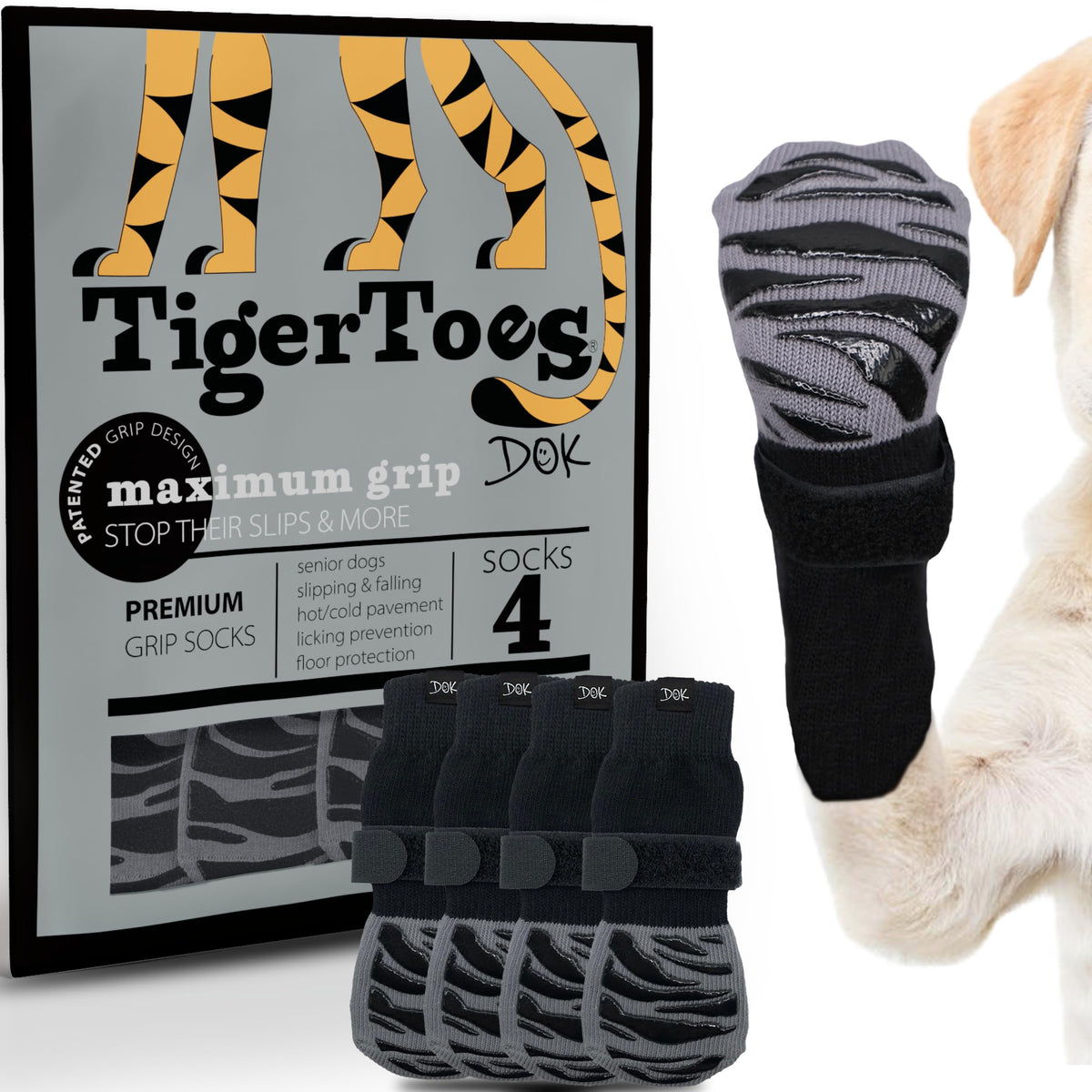 DOK TigerToes Premium Non-Slip Dog Socks for Hardwood Floors - Extra-Thick Grip that Works Even When Twisted - Prevents Licking, Slipping, and Great for Dog Paw Protection - Size Large