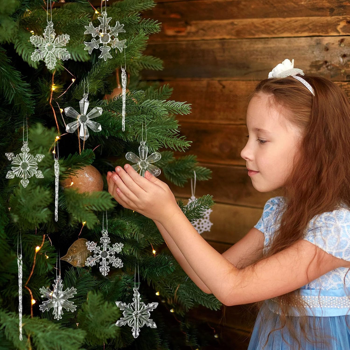 Glass Snowflake Icicle Ornaments for Christmas Tree Decorations - 18Pcs Clear Glass Ornaments Set for Christmas Tree Winter New Year Party Decor Supplies