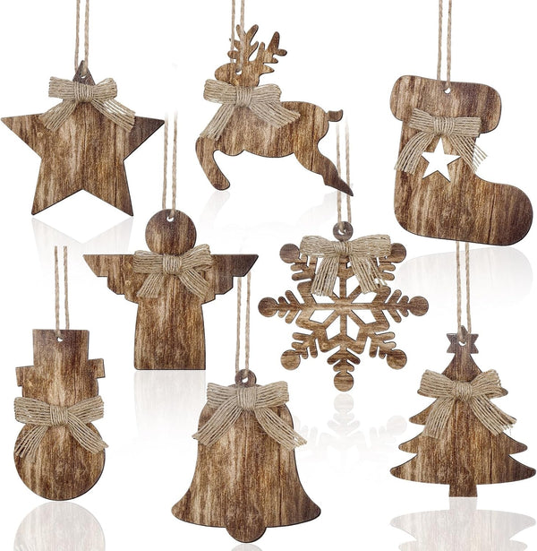 8 Pcs Rustic Christmas Tree Ornaments, Farmhouse Wooden Christmas Ornament