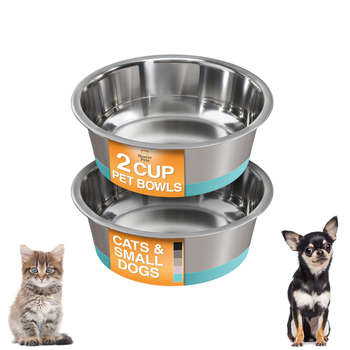 Neater Pet Brands Stainless Steel Dog Bowls with Non-Slip Rubber Bottom – Set of 2, 6 Cup (48 oz), Black - Heavy Duty Metal Dog Bowl, Dishwasher Safe, Food or Water Bowl, Ideal for Large Dogs