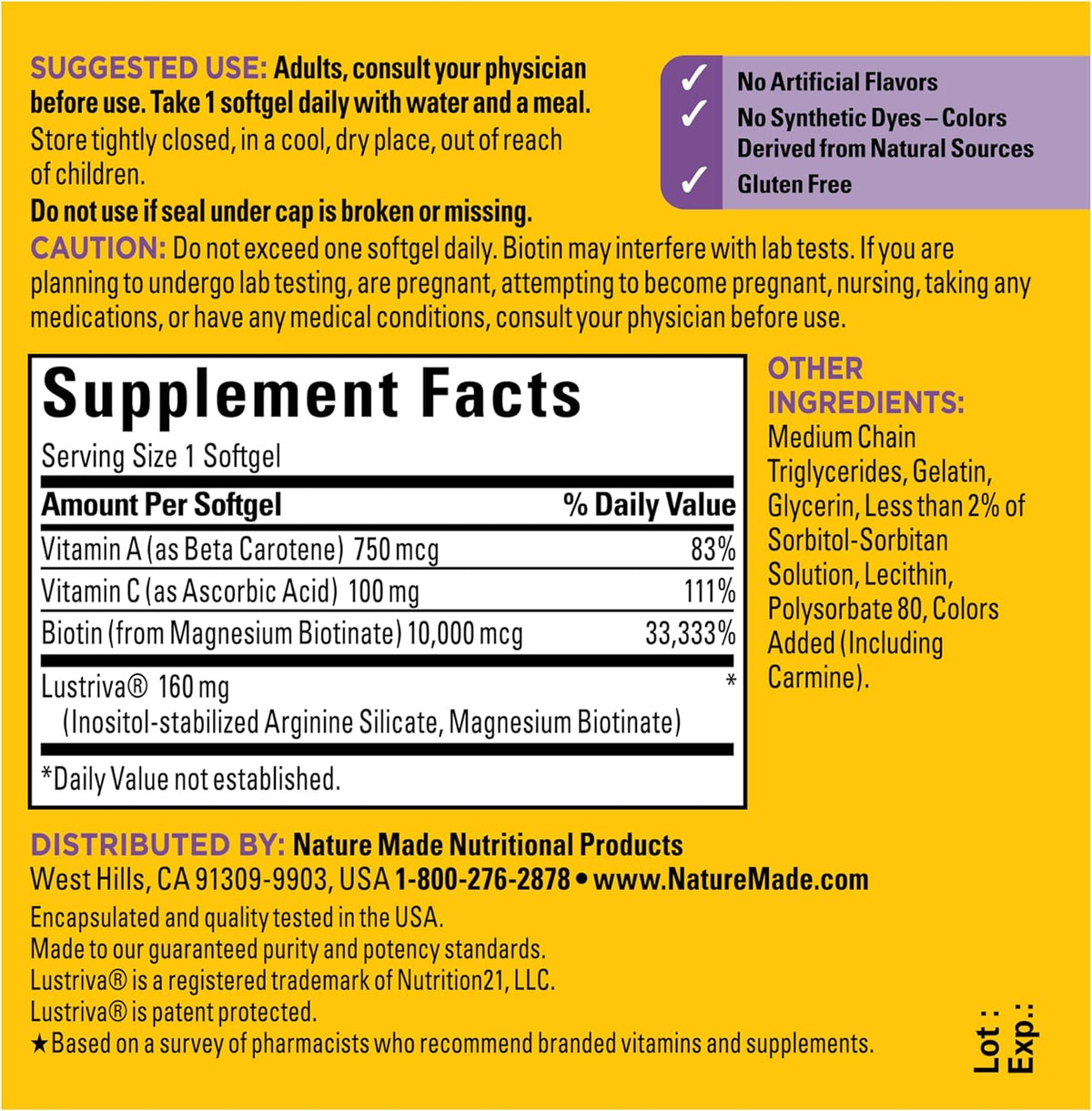 Nature Made Hair Growth Softgels, Clinically Studied Lustriva + Biotin, Vitamin C & A, Hair Growth Vitamins - Support Healthy Hair as You Age, 30 Softgels, 30 Day Supply