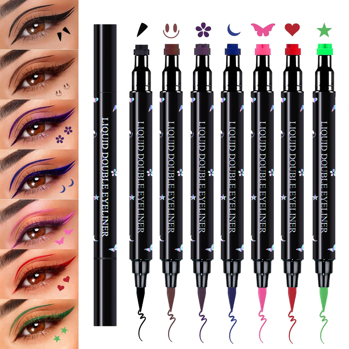 5PCS Double-headed Liquid Winged Black Eyeliner Stamp Pen Set | Eye Liner Pencil Long-lasting Waterproof, Stamp Eyeliner Set for Eye Makeup - Star, Heart, Flower, Butterfly, Triangle