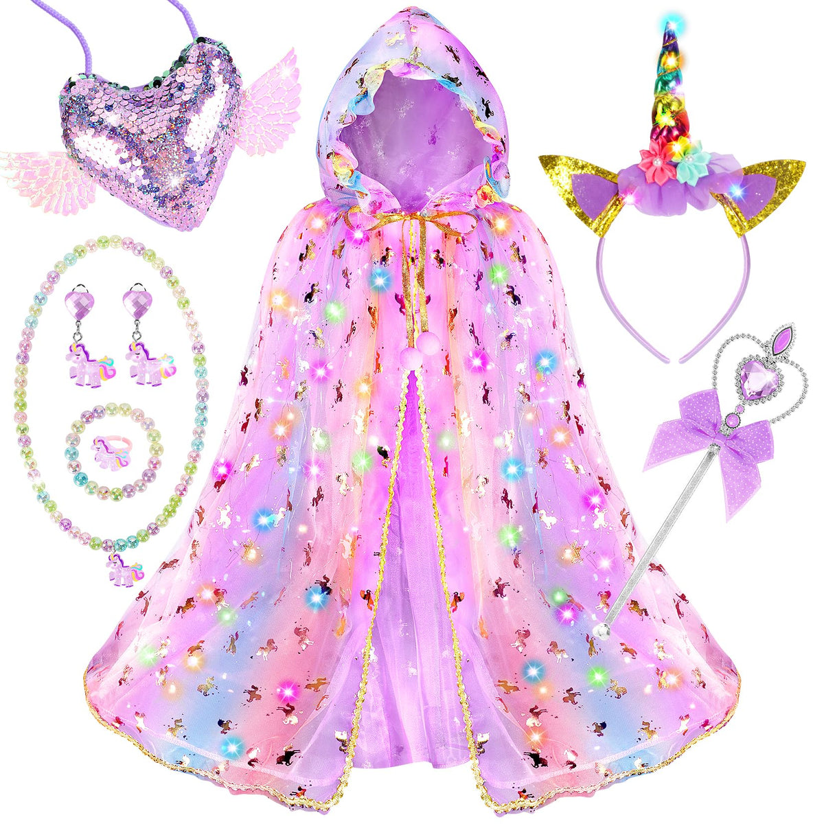 Fedio Princess Dress Up for Girls, Unicorn Light Up Princess Cape Set