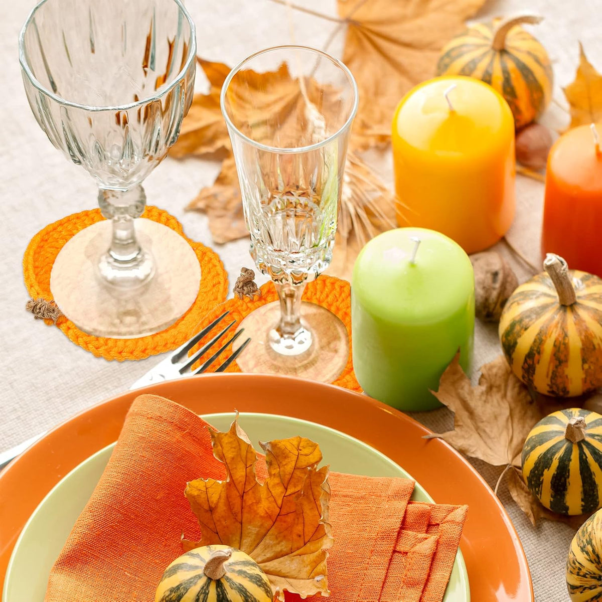 Irenare 4 Pcs Fall Crochet Pumpkins Coaster Halloween Thanksgiving Decor
