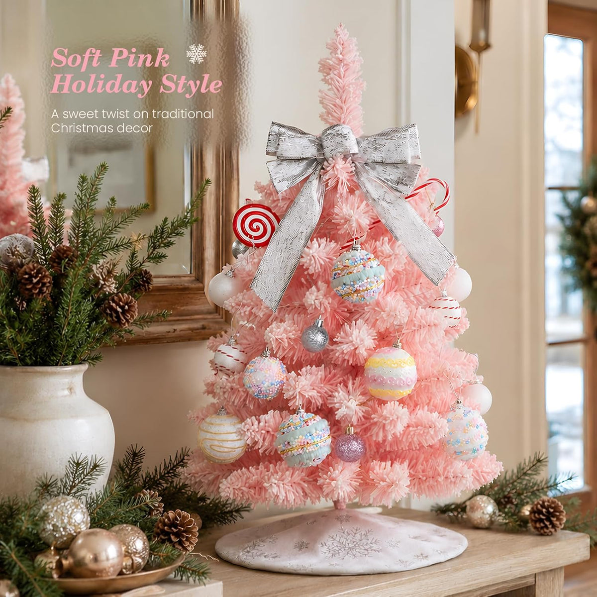 Mini Pink Christmas Tree with Lights, 2 Ft Small Table Top Christmas Tree