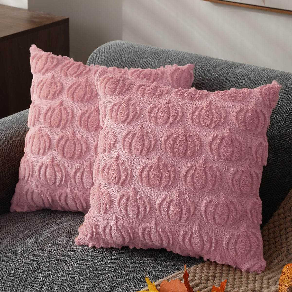 DFXSZ Fall Pillow Covers 18x18 2Pcs Rust Pumpkin Fall Decorations for Home | Fall decor Set of 2 Throw Pillow Cases Soft Plush Faux Fur Wool Couch Cushion for Chair Sofa Bedroom Living Room Home Decor