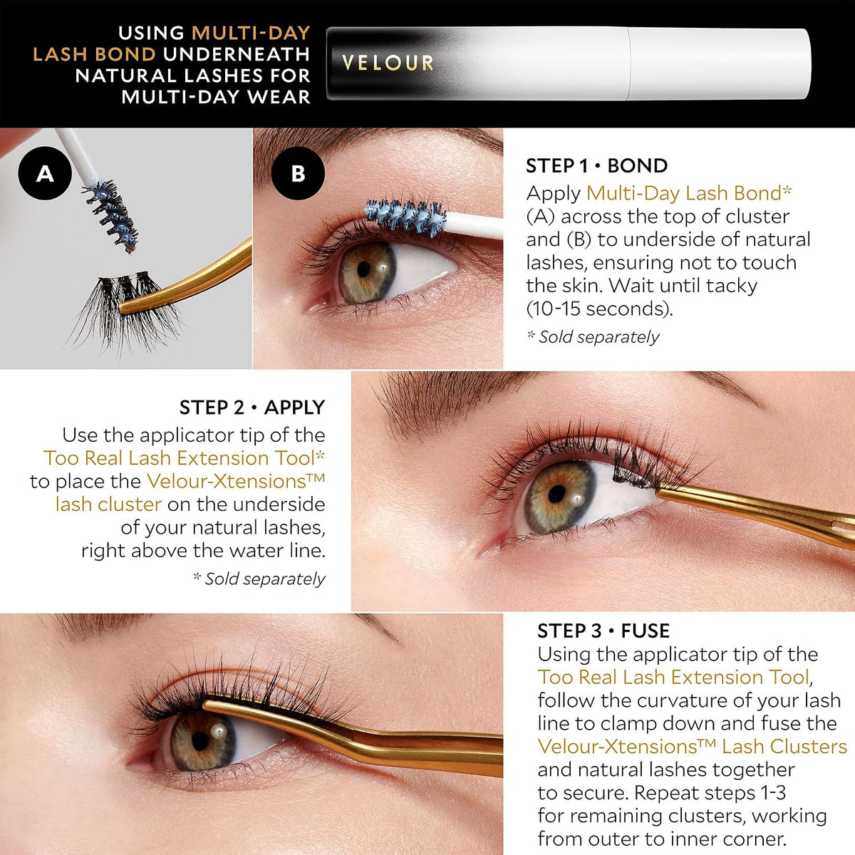 Velour-Xtensions™ Lash Clusters, 18 Individual Cluster Eyelash Extensions, Lightweight & Fluffy Lash Extensions, Soft & Comfortable Eyelash Clusters, Natural Lashes All Eye Shapes (Volume)