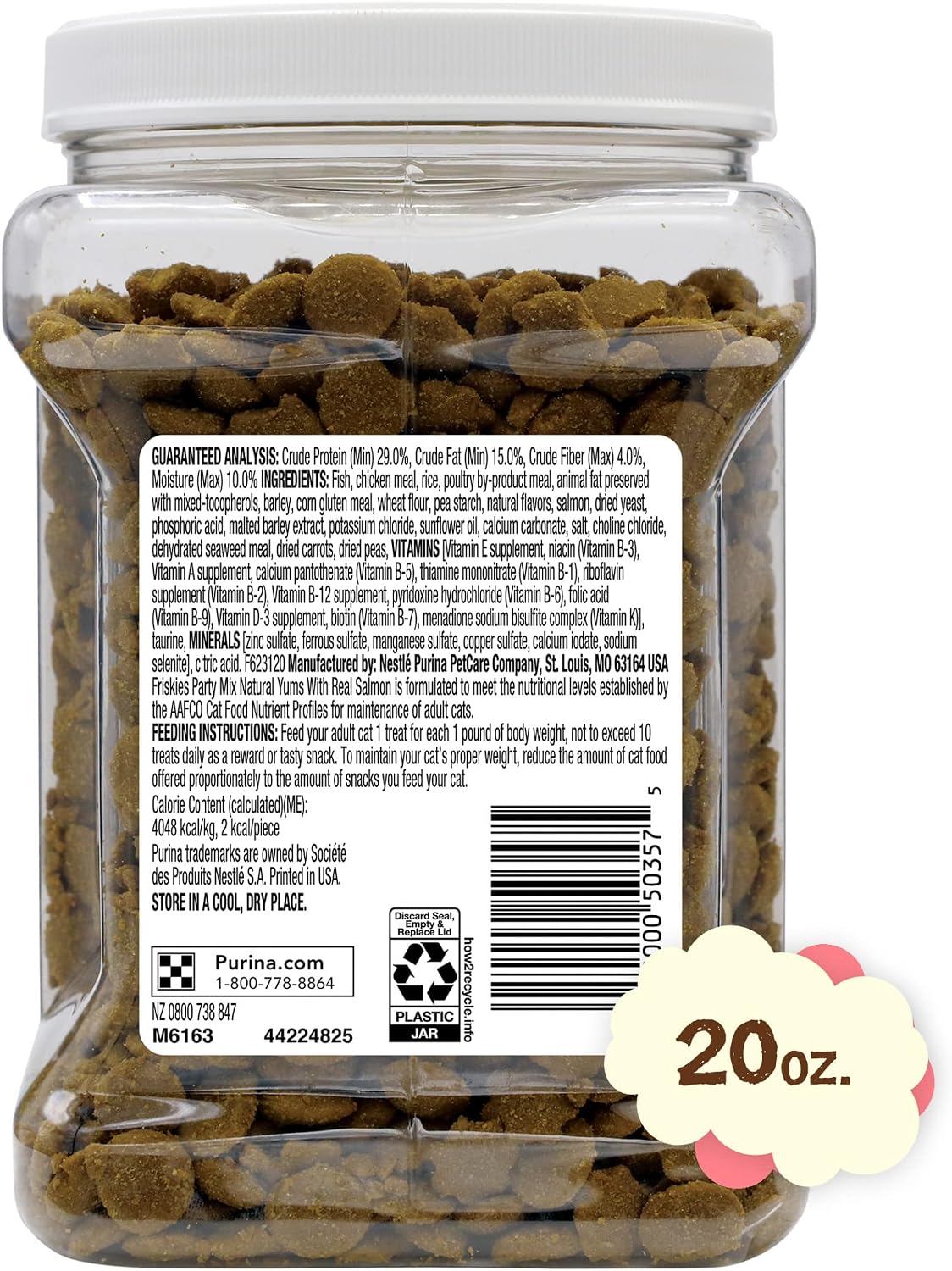 Purina Friskies Natural Cat Treats Party Mix Natural Yums With Real Salmon and Added Vitamins, Minerals and Nutrients - 20 Oz. Canister