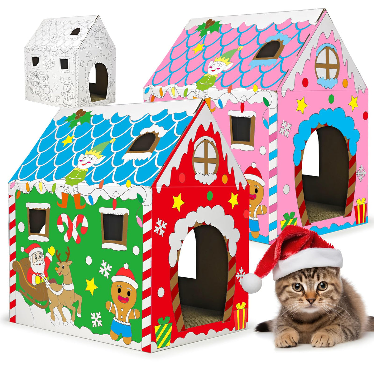 Cinrobiye Cardboard Cat House with Scratcher, Gothic Halloween Cat Scratcher Box with 2 Corrugated Scratch Pads, Open Top Indoor Cat Hideaway Bed for Cats and Kittens