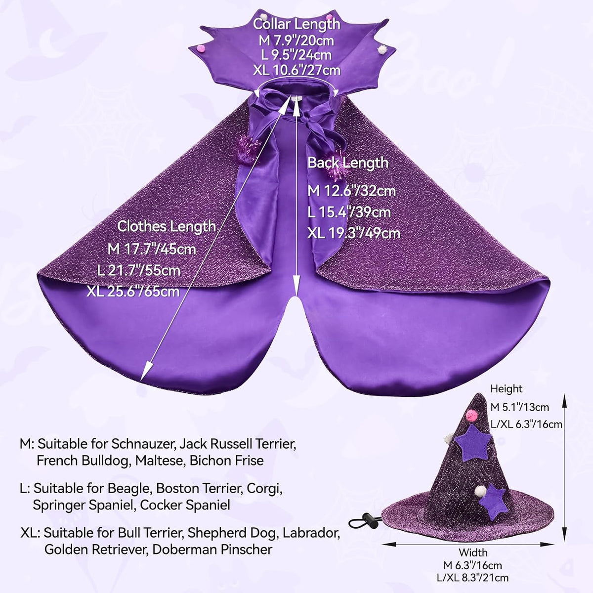 Halloween Dog Costume Dog Witch Cape Witch Hat Set Pet Wizard Cloak Vampire Devil Outfit Puppy Cat Halloween Cloak Devil Clothes Outfit Apparel Cosplay for Small Medium Large Dogs 2Pcs XL