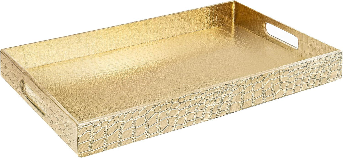 Home Redefined 17.5"x12" Gold Glossy Crocodile Faux Leather Serving Tray Beautiful Modern Elegant Decorative Tray with Handles Ottoman Coffee Table Tray for All Occasion's