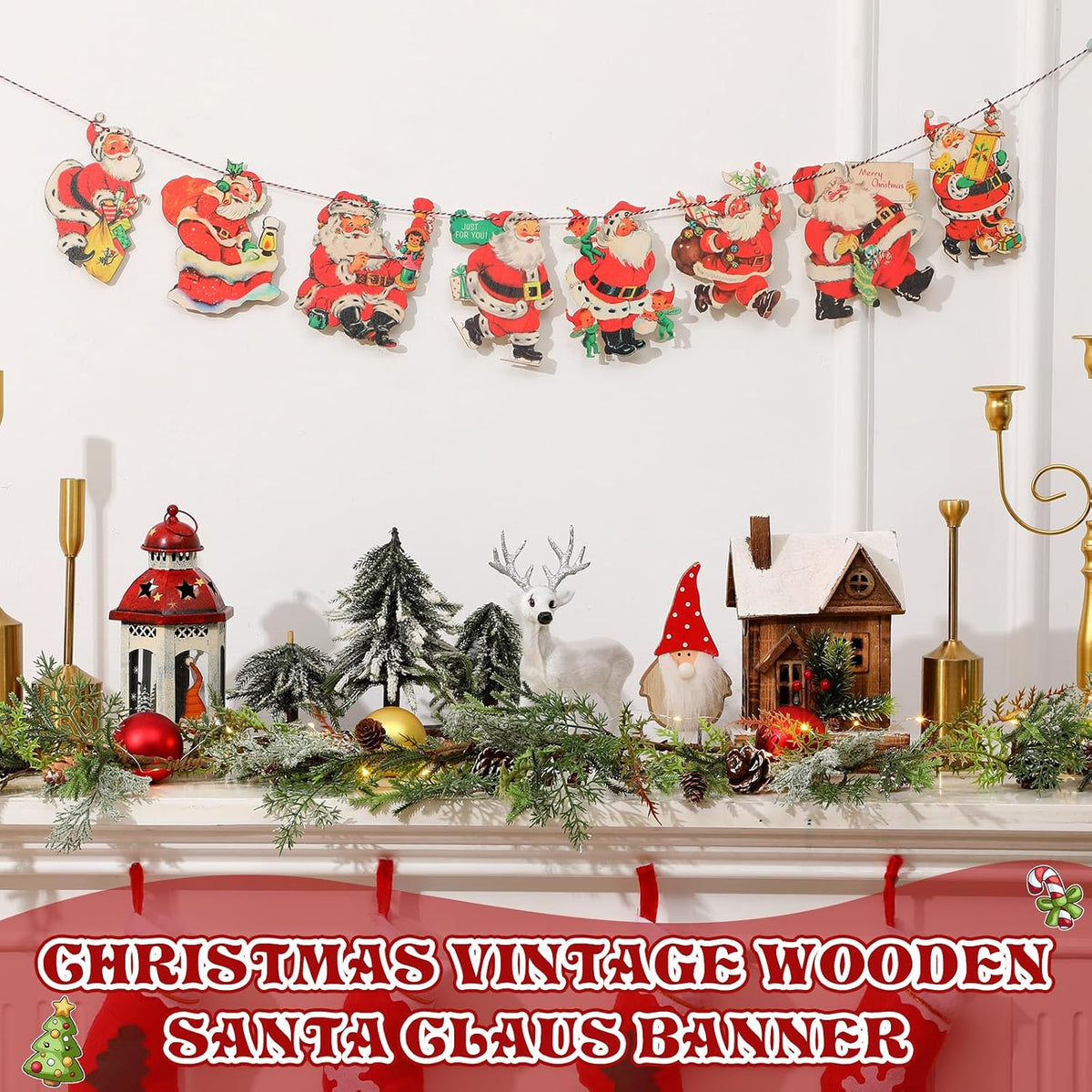 Cinnvoice 6.56 ft Vintage Christmas Banner Santa Hanging Garland Wooden