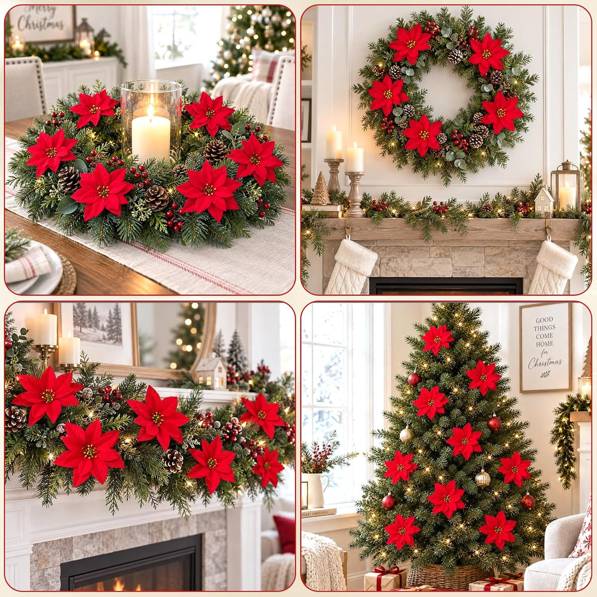 6 Pack Poinsettias Artificial Christmas Flowers Fake Red Poinsettias Flower