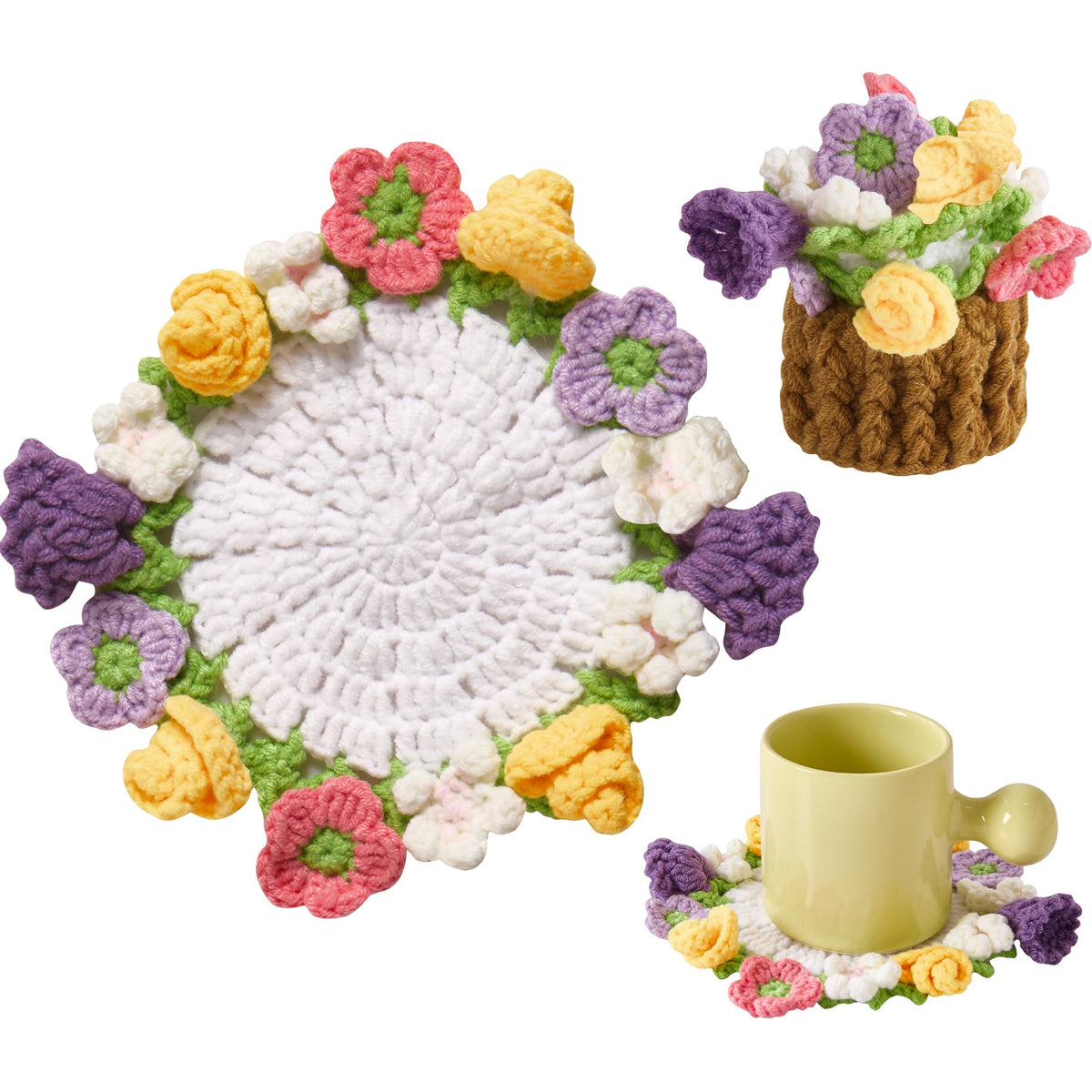 Crochet Flower Coasters, Handmade Bouquet Coasters with Crochet Plant Pot (Sunflower Yellow, 1Pc)
