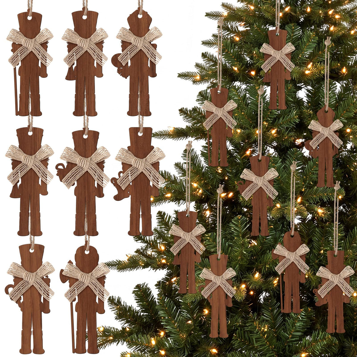 8 Pcs Rustic Christmas Tree Ornaments, Farmhouse Wooden Christmas Ornament