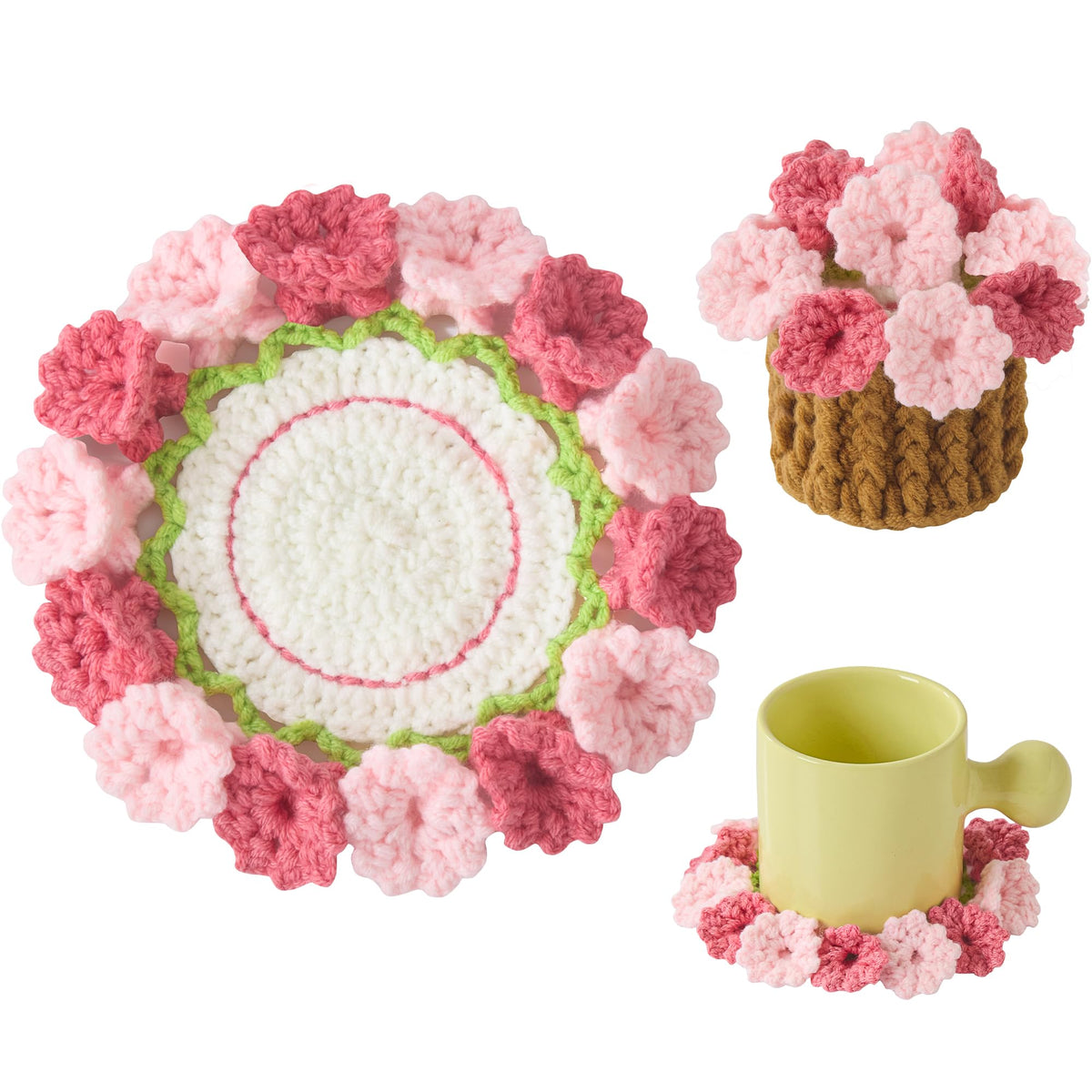 Crochet Flower Coasters, Handmade Bouquet Coasters with Crochet Plant Pot (Sunflower Yellow, 1Pc)