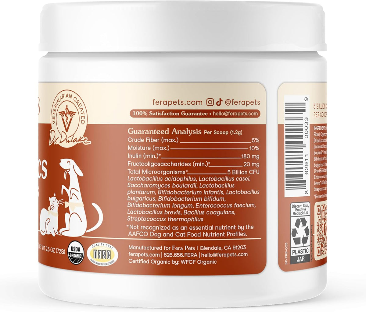 Fera Pets Organic Probiotics for Dogs & Cats with Prebiotics, 60 Scoops | USDA Organic Gut Health Powder Supplement with 12 Strains and 5 Billion CFUs for Immunity, Energy and Skin & Coat Health