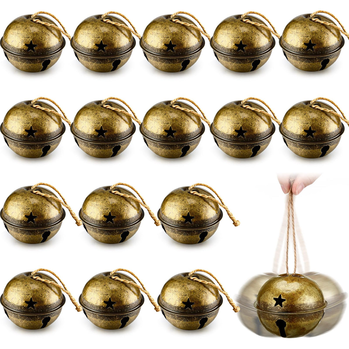 Zhengmy 16 Pcs Large Christmas Jingle Star Bell Xmas Ornament, Gold