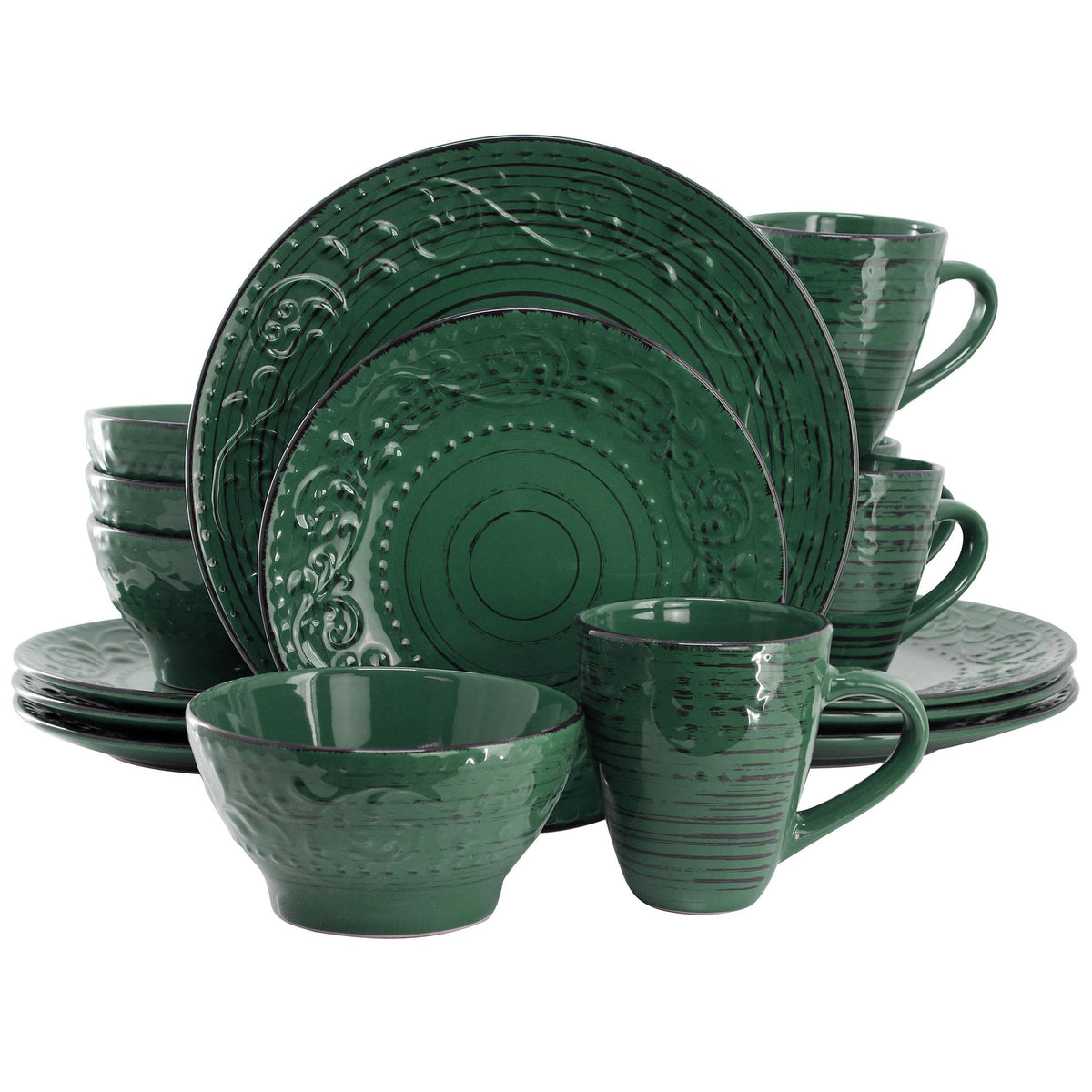 Elama Malibu Jasper 16-Piece Stoneware Embossed Pattern Reactive Glaze Orange Dinnerware Set, Tableware, Serveware Set (Jasper Orange)