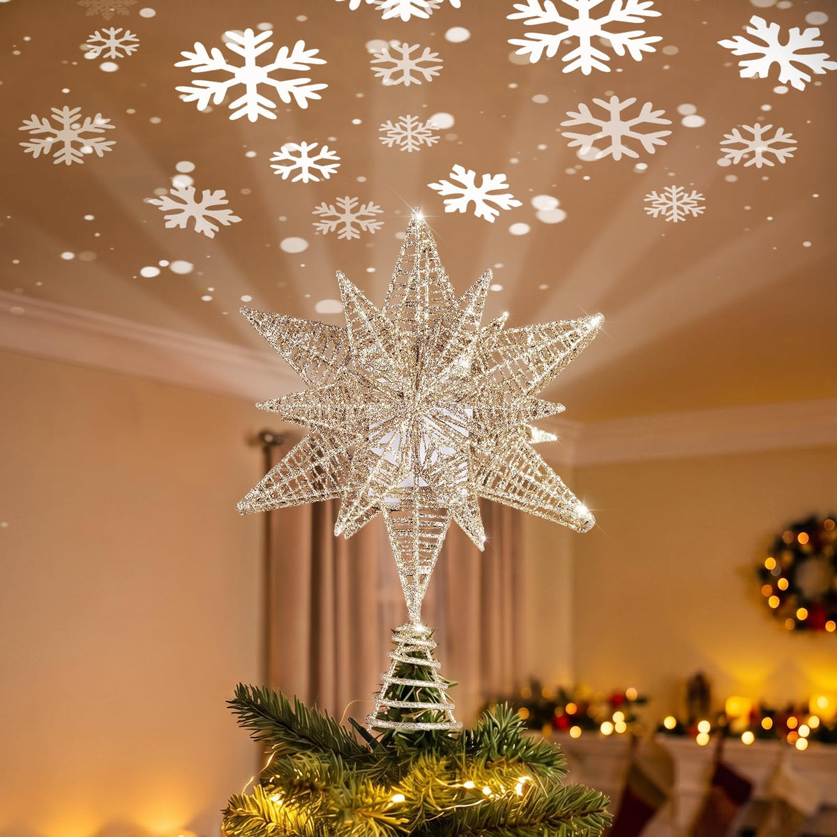 Brightown 12" Gold Christmas Star Tree Topper, Rotating Snowflake Projector