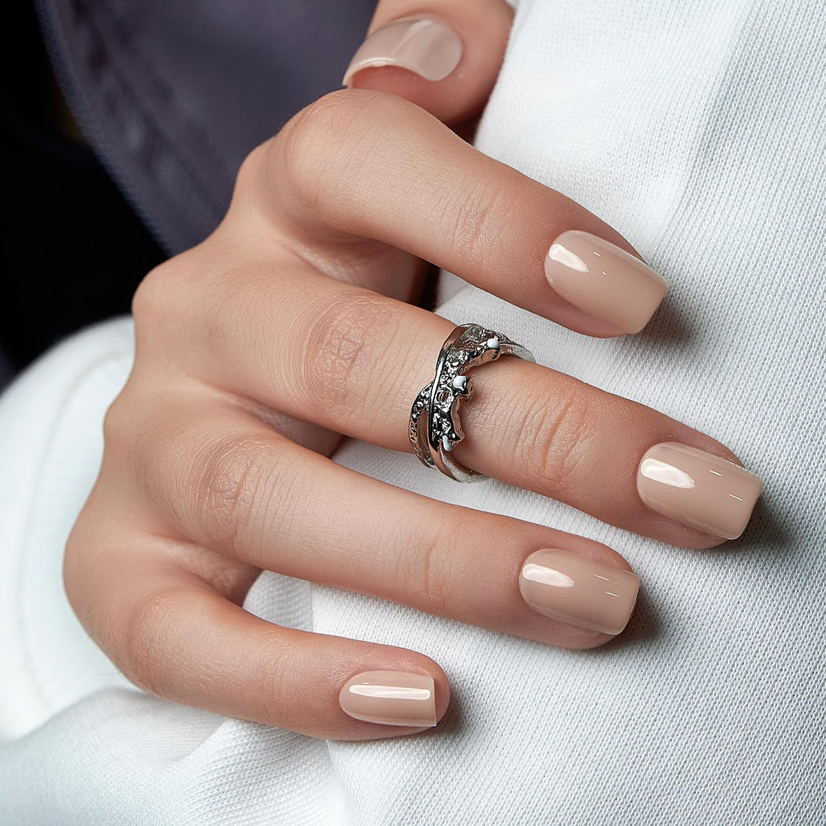 CurvLife Milky White Square Press on Nails Short, Soft Gel Fake Nails with Clean Nude Apricot Design Full Cover False Nails Glossy Nude Glue on Nails Artificial Stick on Nails for Women