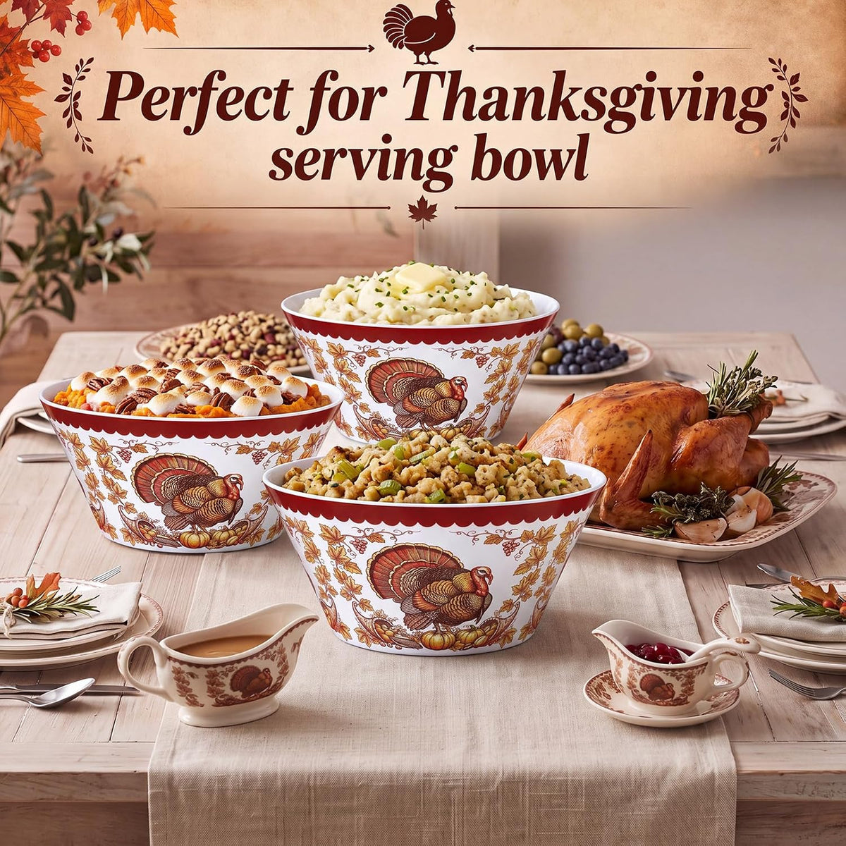 3 Pcs 10" Thanksgiving Serving Bowls, Turkey Print
