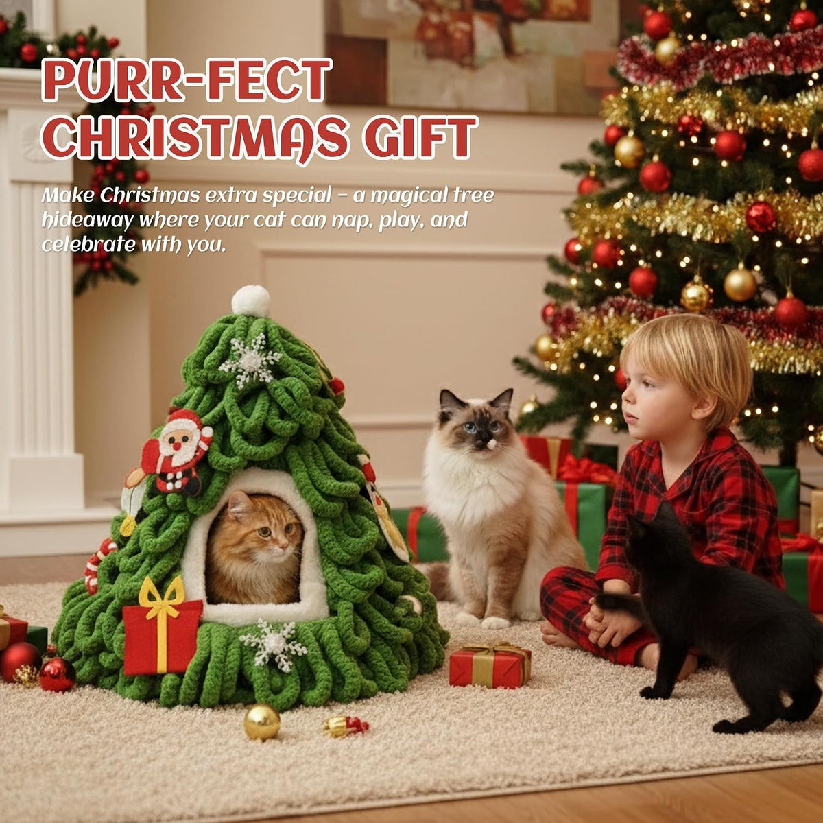 PETKARAY Christmas Tree Cat Cave Bed for Indoor Cats, Cozy Felt Cat House
