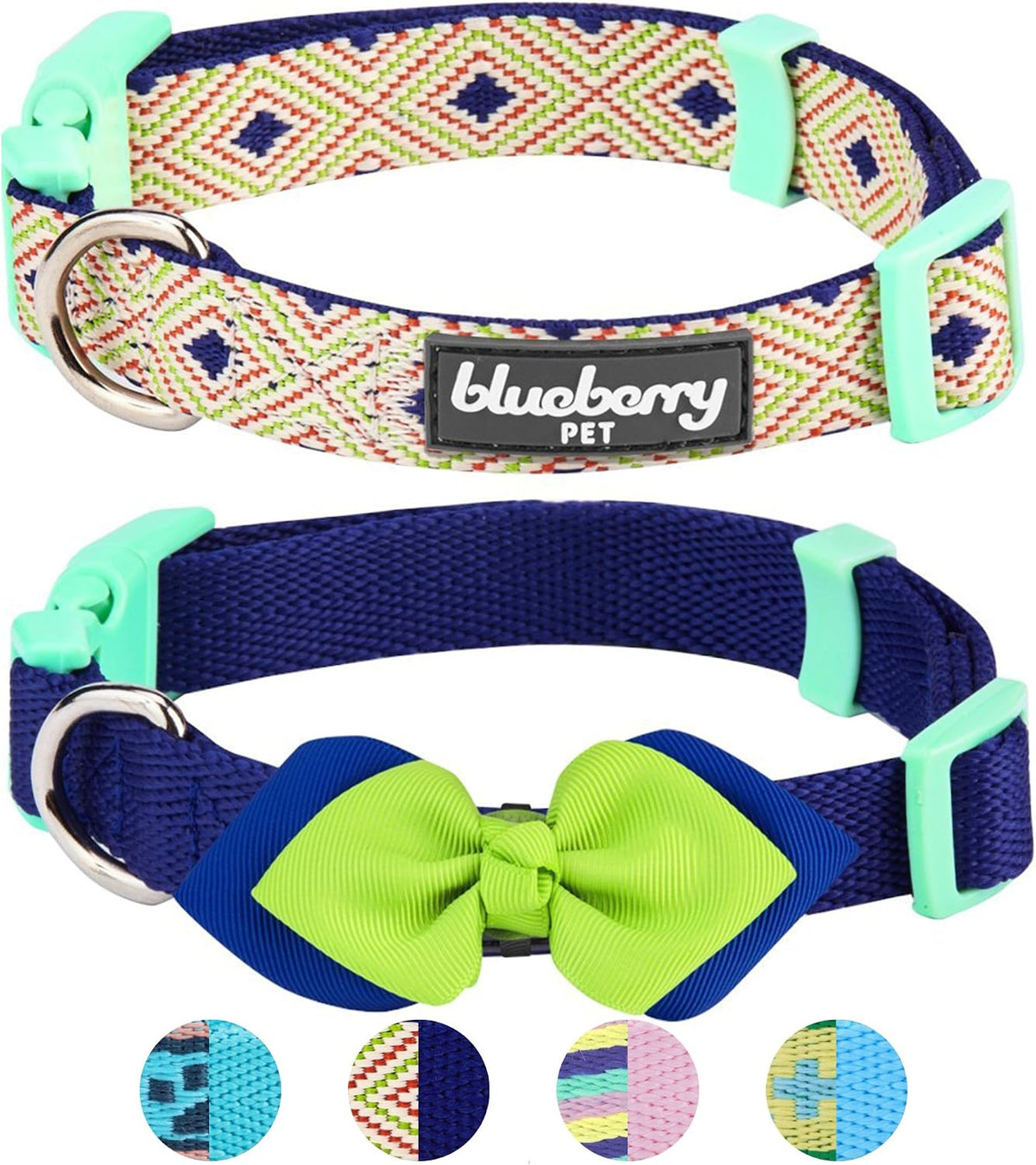 Blueberry Pet Pack of 2 Multiple Patterns Mix and Match Stunning Diamonds Adjustable Dog Collar with Detachable Green Bow Tie, Small, Neck 12"-16"