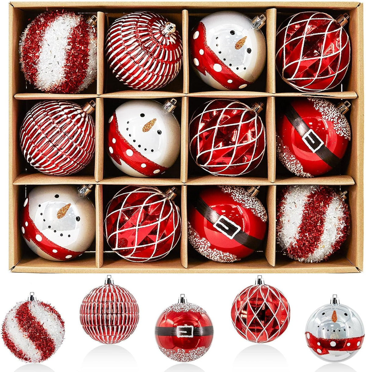 JORNOY 12CT 3.12-Inch Christmas Balls Ornaments for Tree, Red & White
