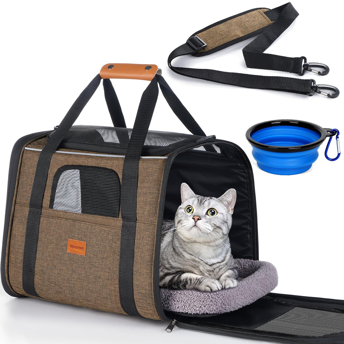 Morpilot Pet Carrier for Large Cats, Puppies & Small Dogs Up to 25lbs, Escape-Proof with Locking Zippers, Dual-Sided Cushion, Safety Buckle for Car & Vet Travel, Includes Foldable Bowl (Dark Gray)