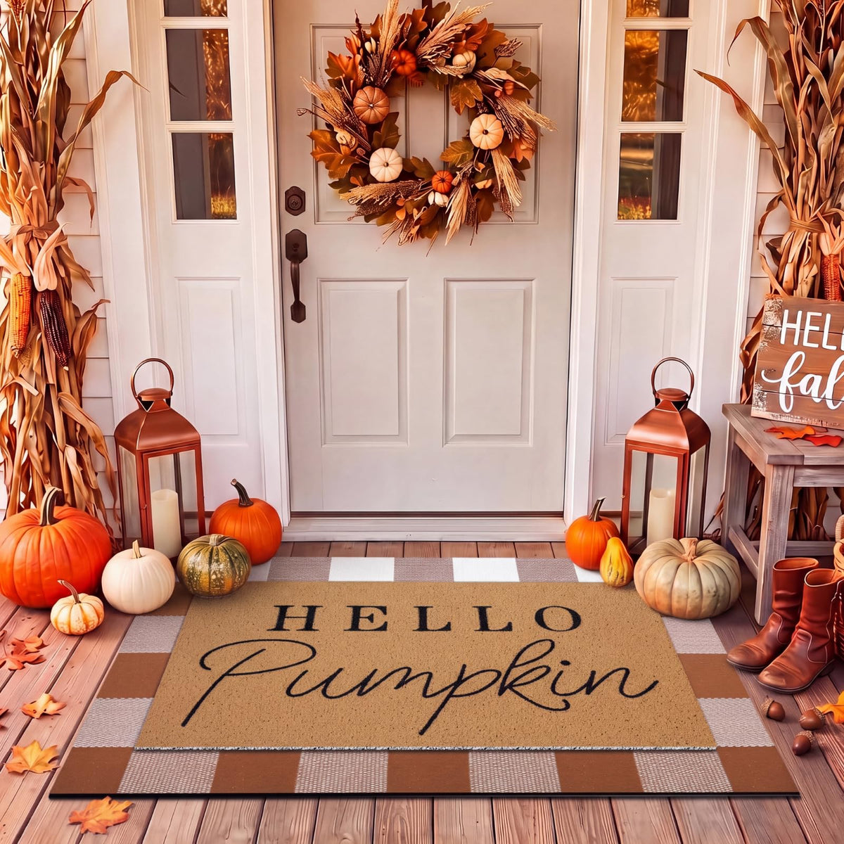 Tinideya 2 23.6 X 35.4 Inches Plaid Ghost Red Brown | Layered Coir Doormat Set, Non Slip Backing for Outdoor Entryway, Buffalo Plaid Seasonal Design, Front Porch Home Decor