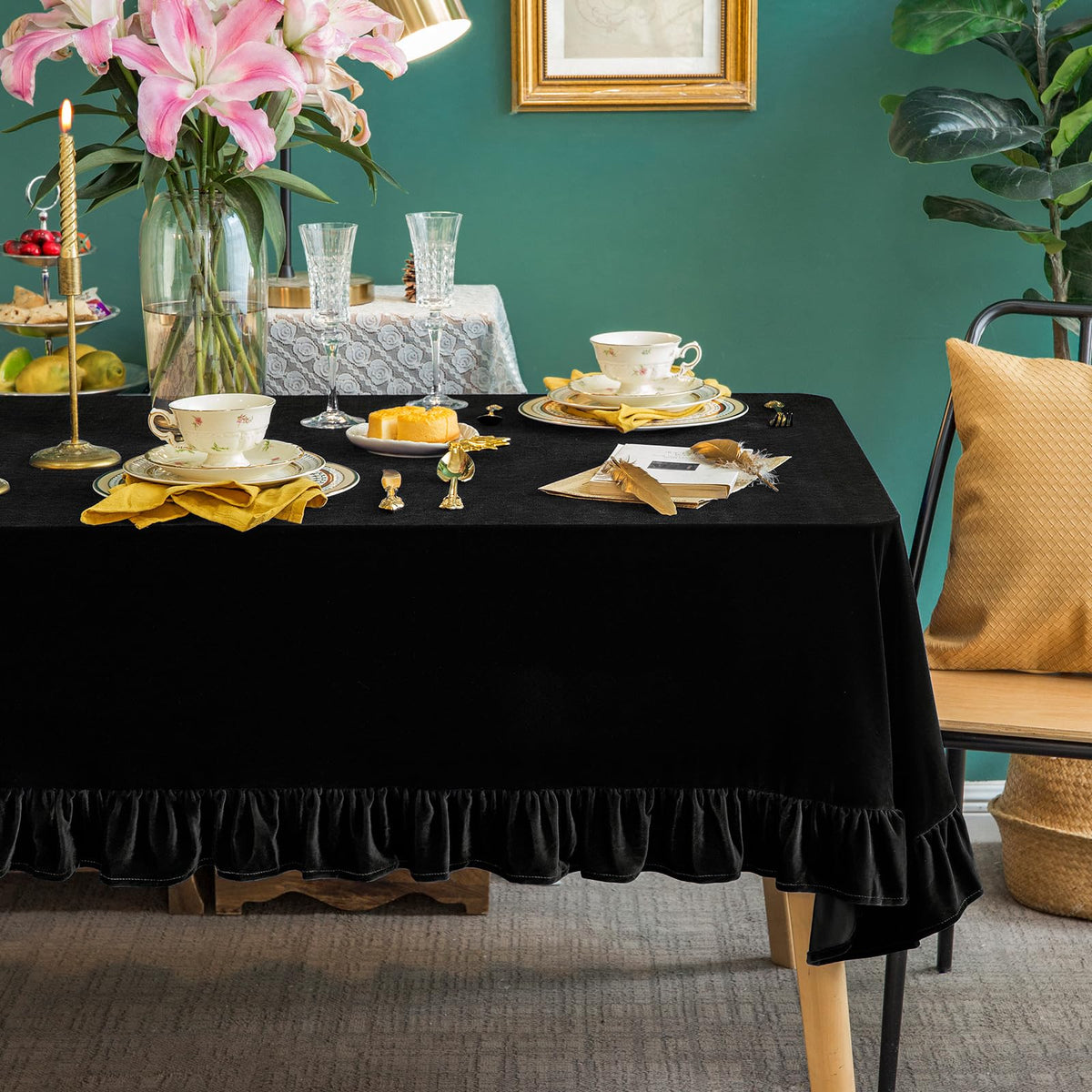 GLORY SEASON Velvet Tablecloth Luxurious Solid Rectangle Table Cloth,Oblong Retro Farmhouse Ruffle Tablecloths Washable Table Cover for Party Olive Green,52x70 Inches