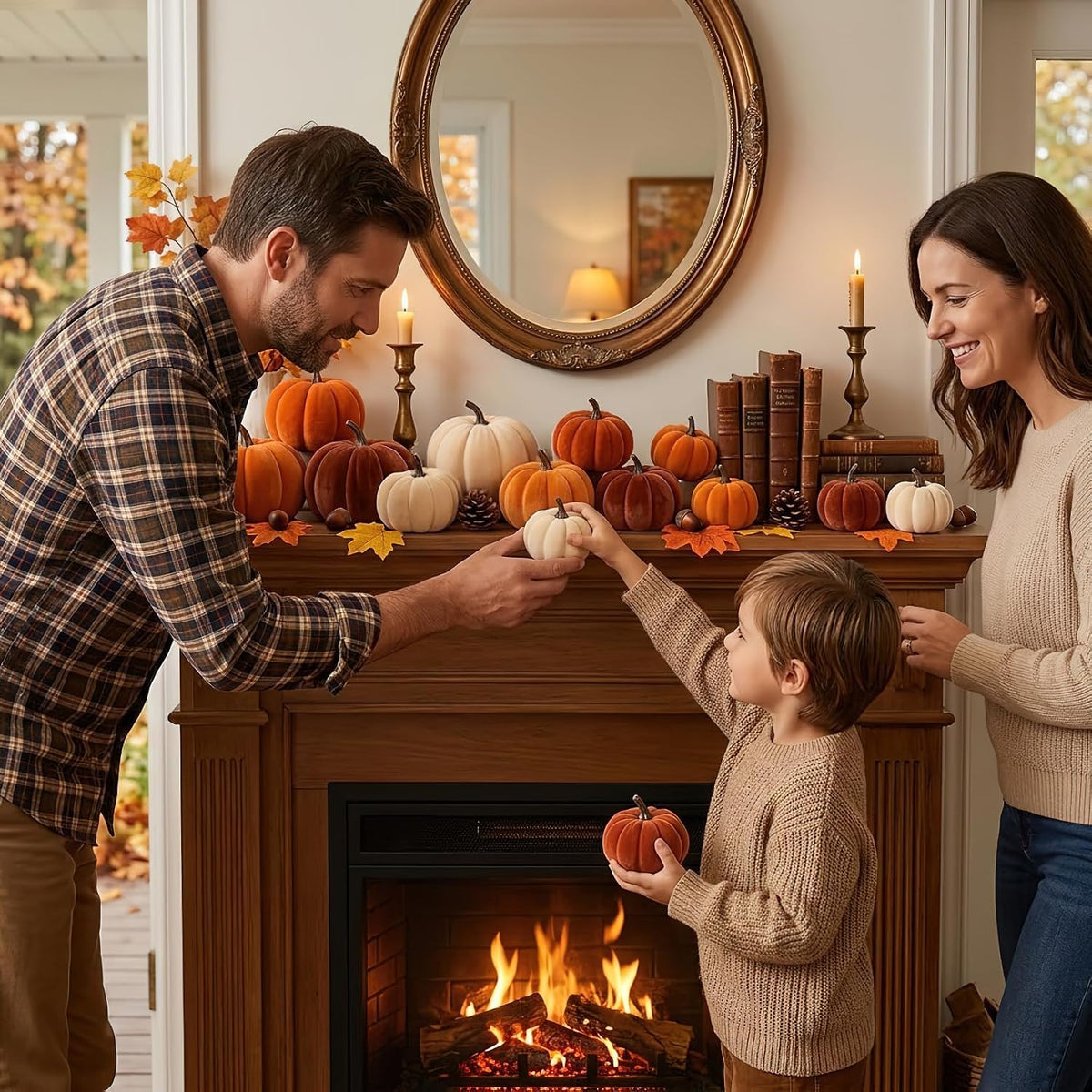 30 Pcs Velvet Fall Pumpkins Set with Leaves, Acorns & Pine Cones