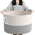 Large Woven Blanket Basket,65L Cotton Rope Laundry Basket Hamper with Handles, Decorative Nursery Basket Storage Bin for Toys, Clothes Organizer, Living Room, Bedroom, Bathroom, White & Brown