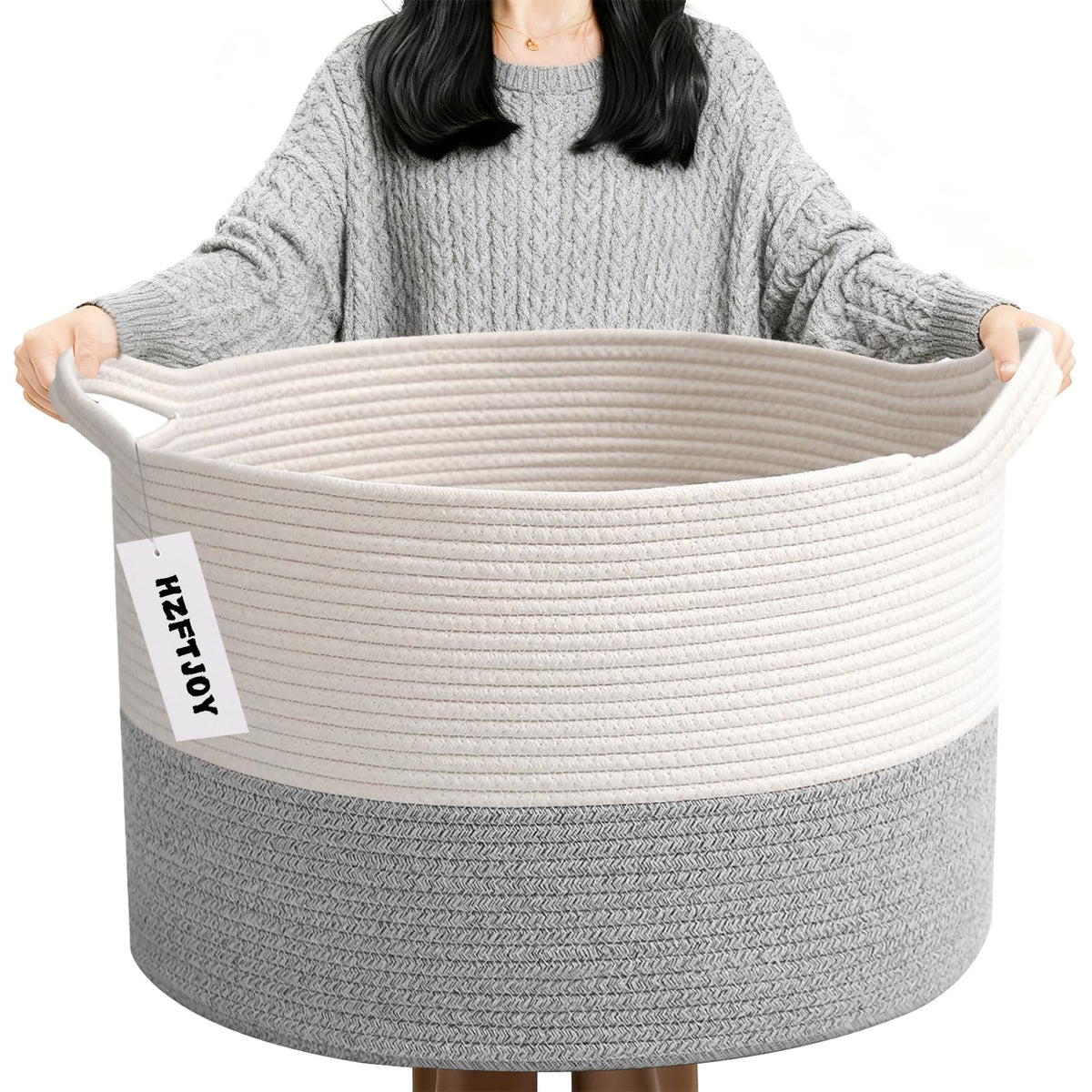 Large Woven Blanket Basket,65L Cotton Rope Laundry Basket Hamper with Handles, Decorative Nursery Basket Storage Bin for Toys, Clothes Organizer, Living Room, Bedroom, Bathroom, White & Brown