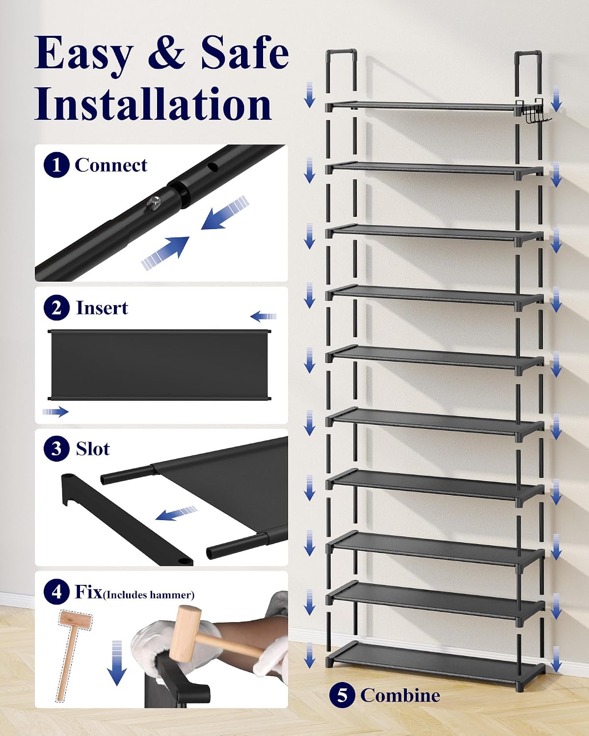 Kitsure 10 Tier Shoe Rack, Tall Shoe Organizer, 32.2" Wide, Black | Large-Capacity Shoe Storage with Hooks, Shoe Shelf for Closet, Entryway, Bedroom, Living Room, Zapateras Organizer