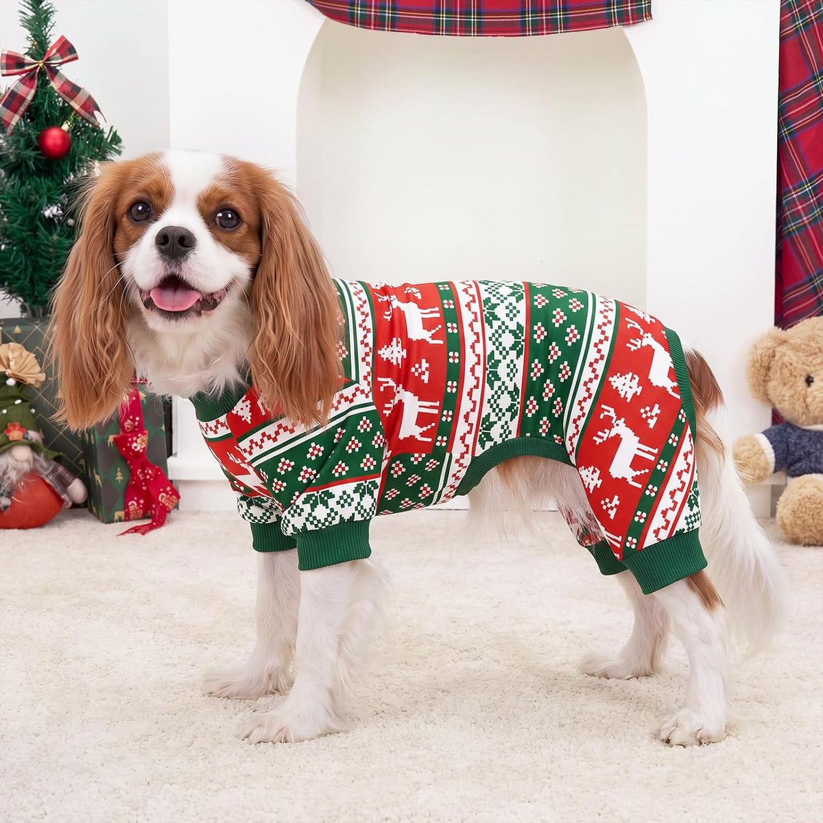 4 Pack Dog Christmas Pajamas Reindeer Puppy Clothes Cute Santa Claus Dog Pajamas Costumes Outfit Red Green Medium